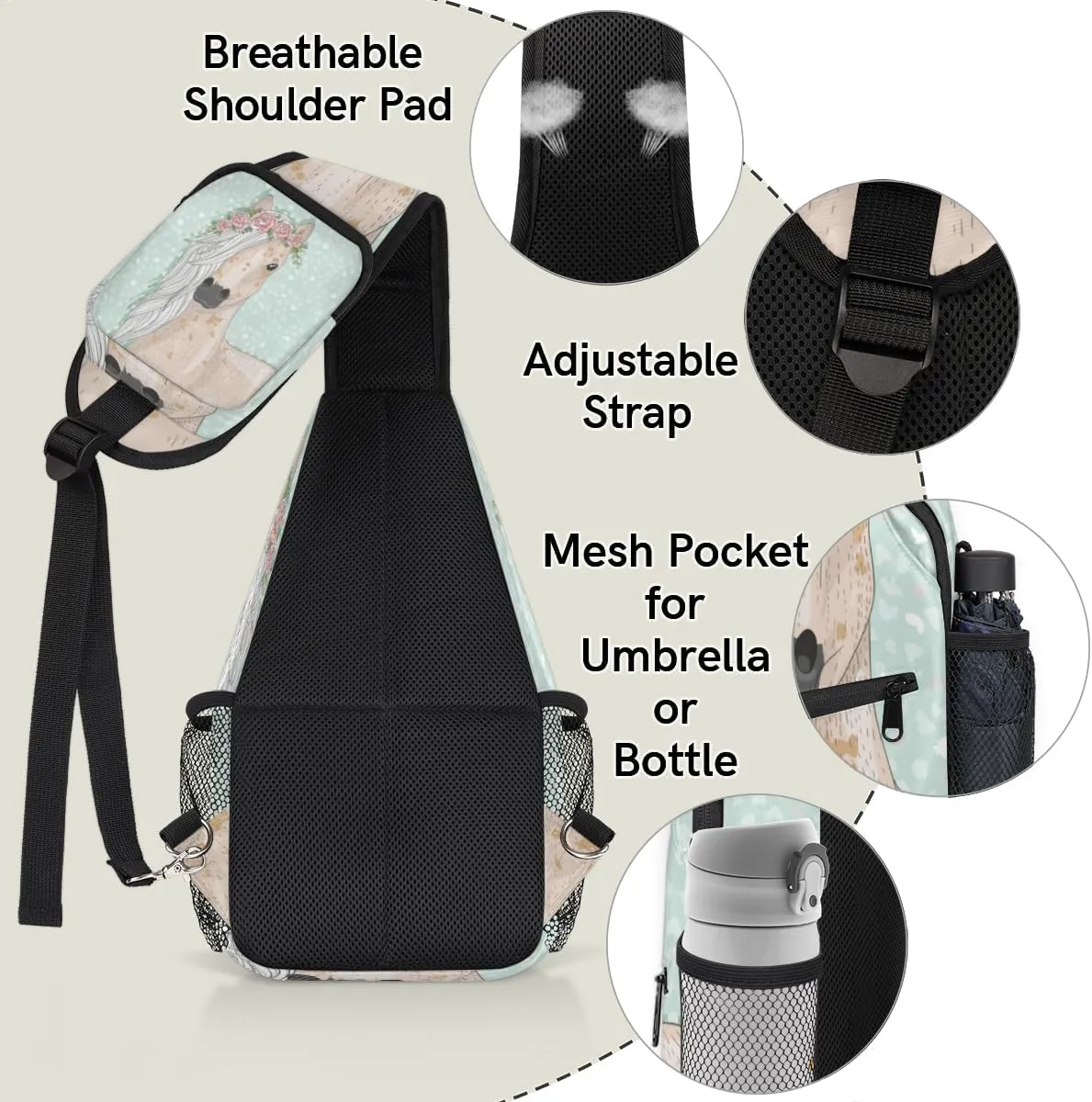 Cartoon Horse Sling Bag for Women Men Chest Shoulder Backpack Multipurpose Crossbody Bag Lightweight Travel Hiking Daypack