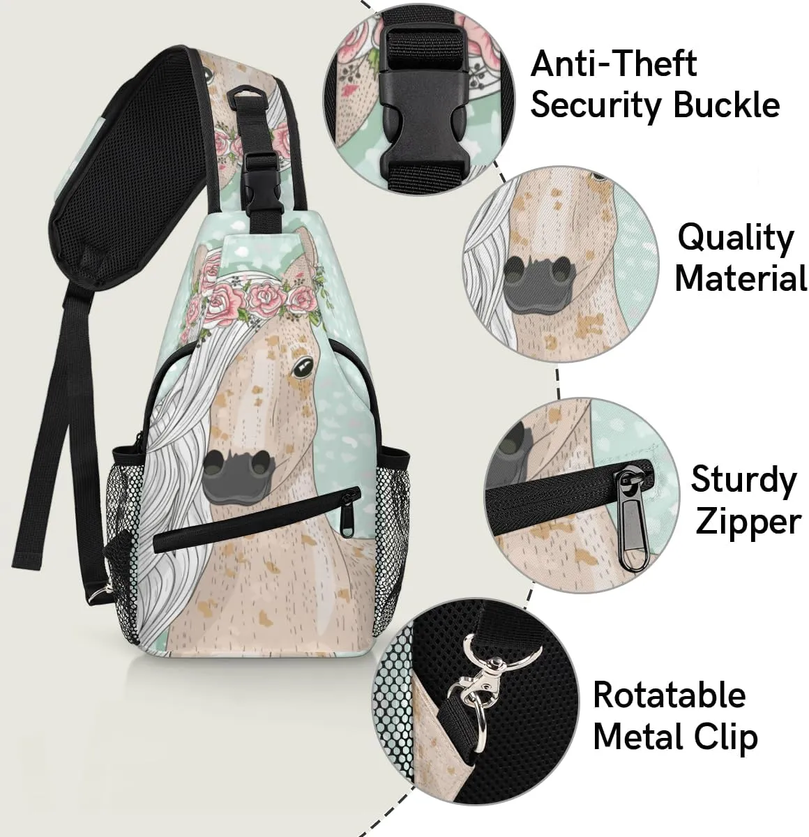 Cartoon Horse Sling Bag for Women Men Chest Shoulder Backpack Multipurpose Crossbody Bag Lightweight Travel Hiking Daypack