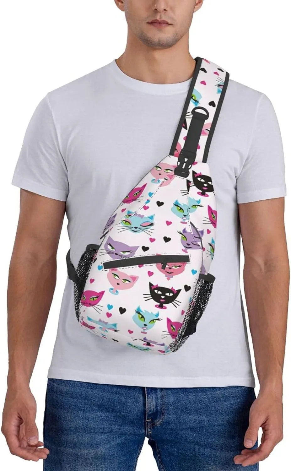 Carttoon Cat Crossbody Bag Chest Shoulder Bag Small Casual Backpack Suitable For Women Men Hiking