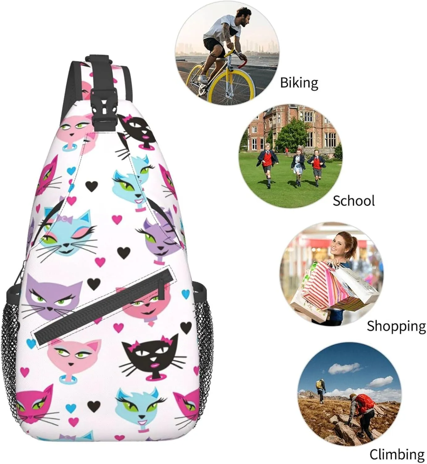 Carttoon Cat Crossbody Bag Chest Shoulder Bag Small Casual Backpack Suitable For Women Men Hiking