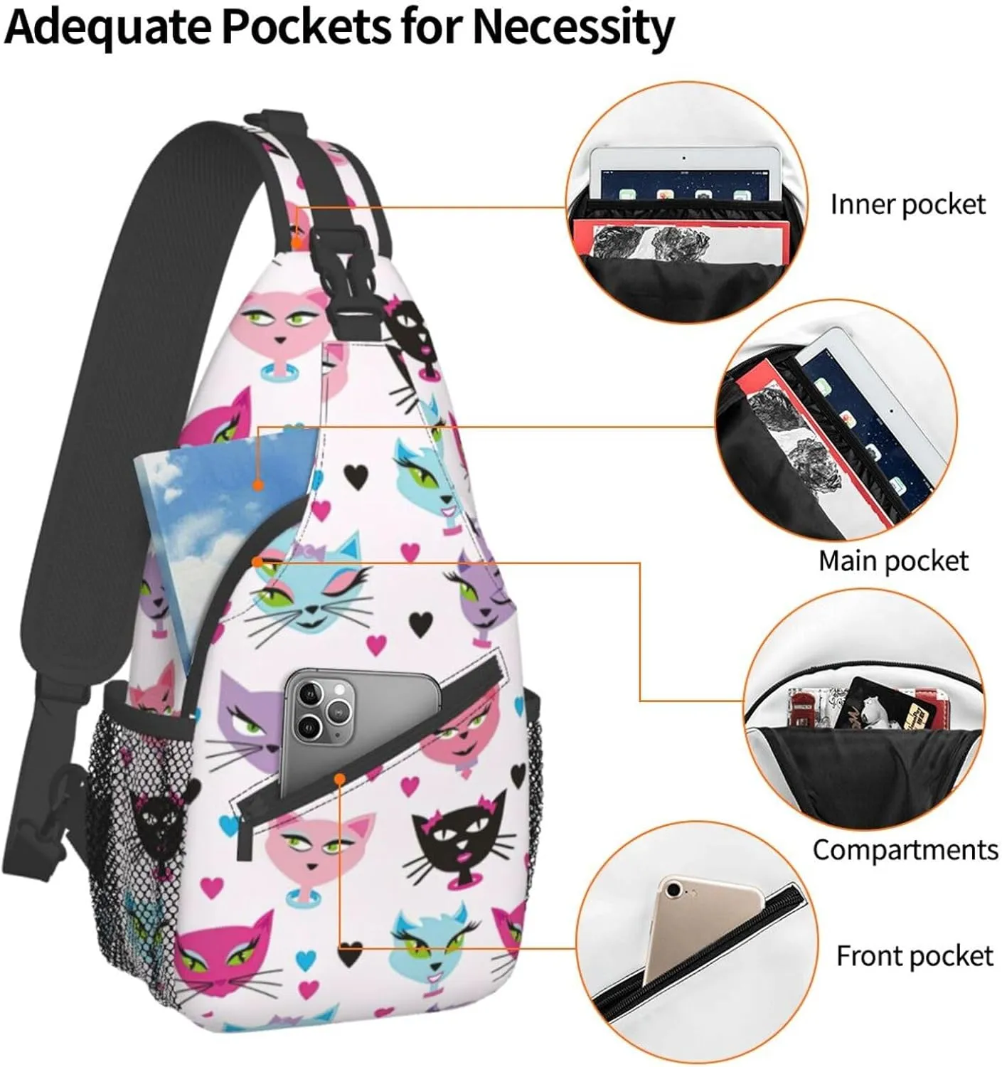 Carttoon Cat Crossbody Bag Chest Shoulder Bag Small Casual Backpack Suitable For Women Men Hiking