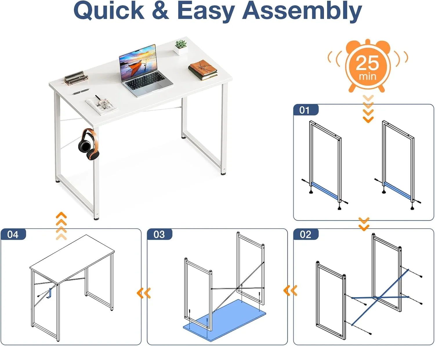 Casaottima 32 Inch Small Computer Desk for Home Office, Study Writing Table for Small Spaces, Simple Modern Desk with Headphone Hooks, Pure White
