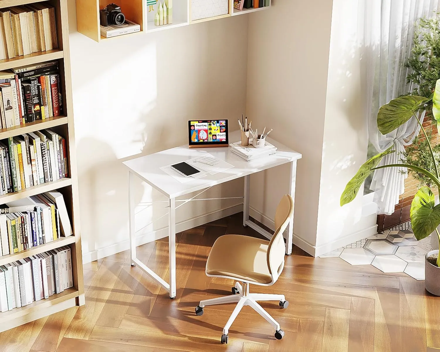 Casaottima 32 Inch Small Computer Desk for Home Office, Study Writing Table for Small Spaces, Simple Modern Desk with Headphone Hooks, Pure White