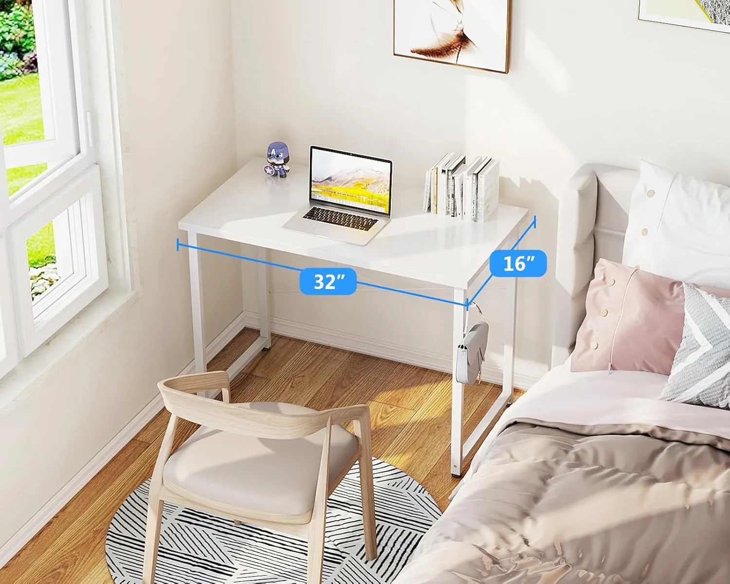 Casaottima 32 Inch Small Computer Desk for Home Office, Study Writing Table for Small Spaces, Simple Modern Desk with Headphone Hooks, Pure White