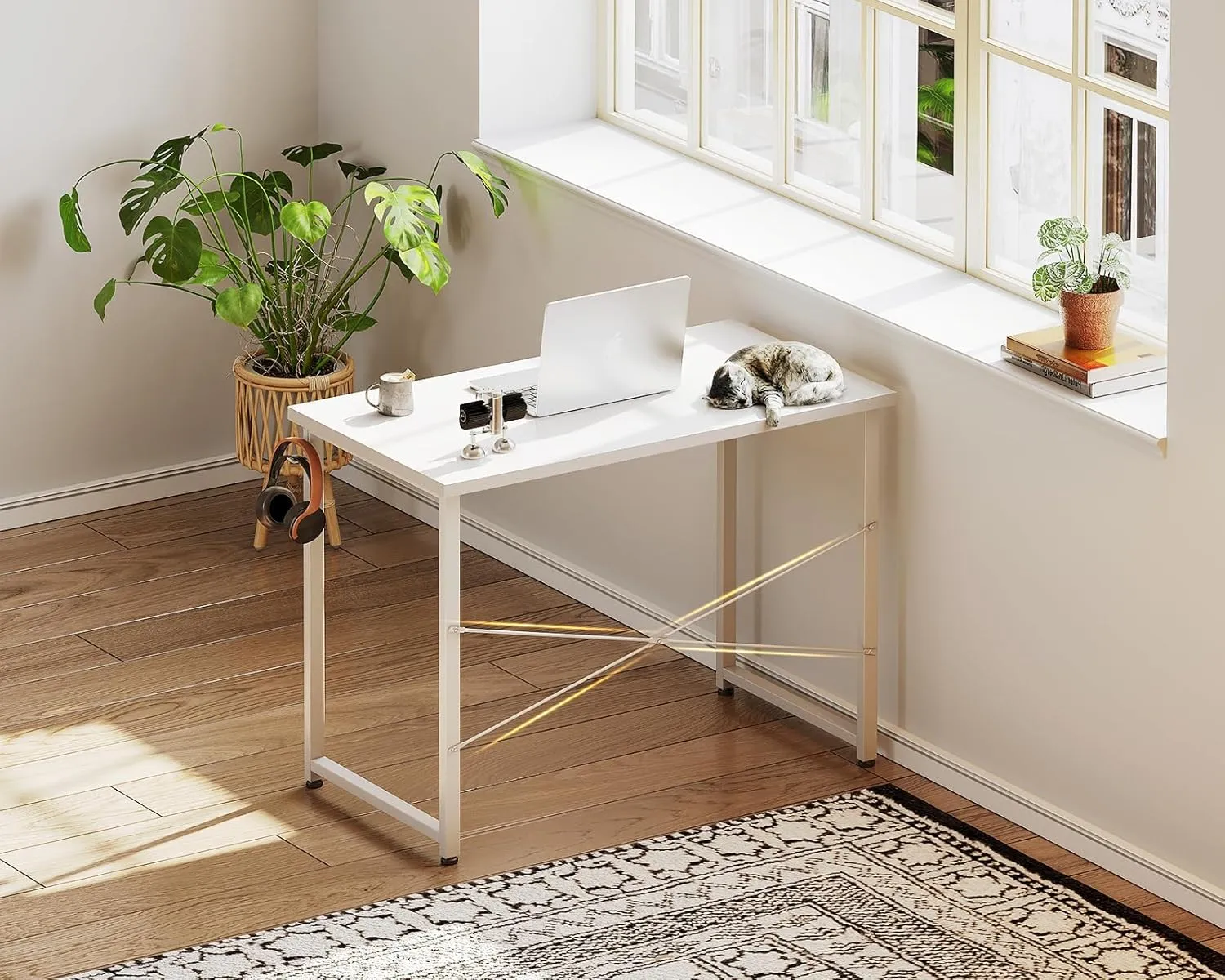 Casaottima 32 Inch Small Computer Desk for Home Office, Study Writing Table for Small Spaces, Simple Modern Desk with Headphone Hooks, Pure White
