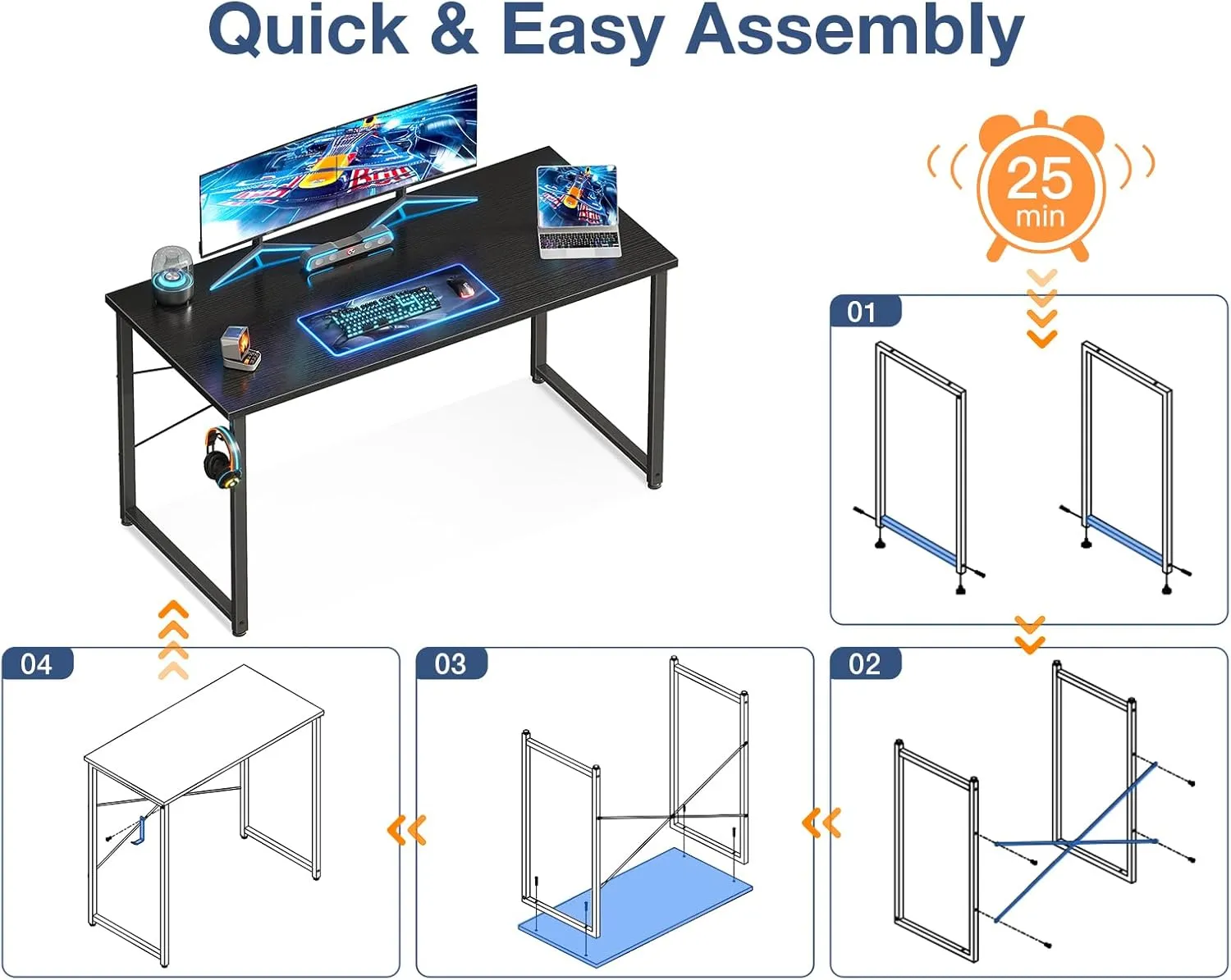 Casaottima 48 Inch Small Computer Desk for Home Office, Study Writing Table for Small Spaces, Simple Modern Desk with Headphone Hooks, Deep Black