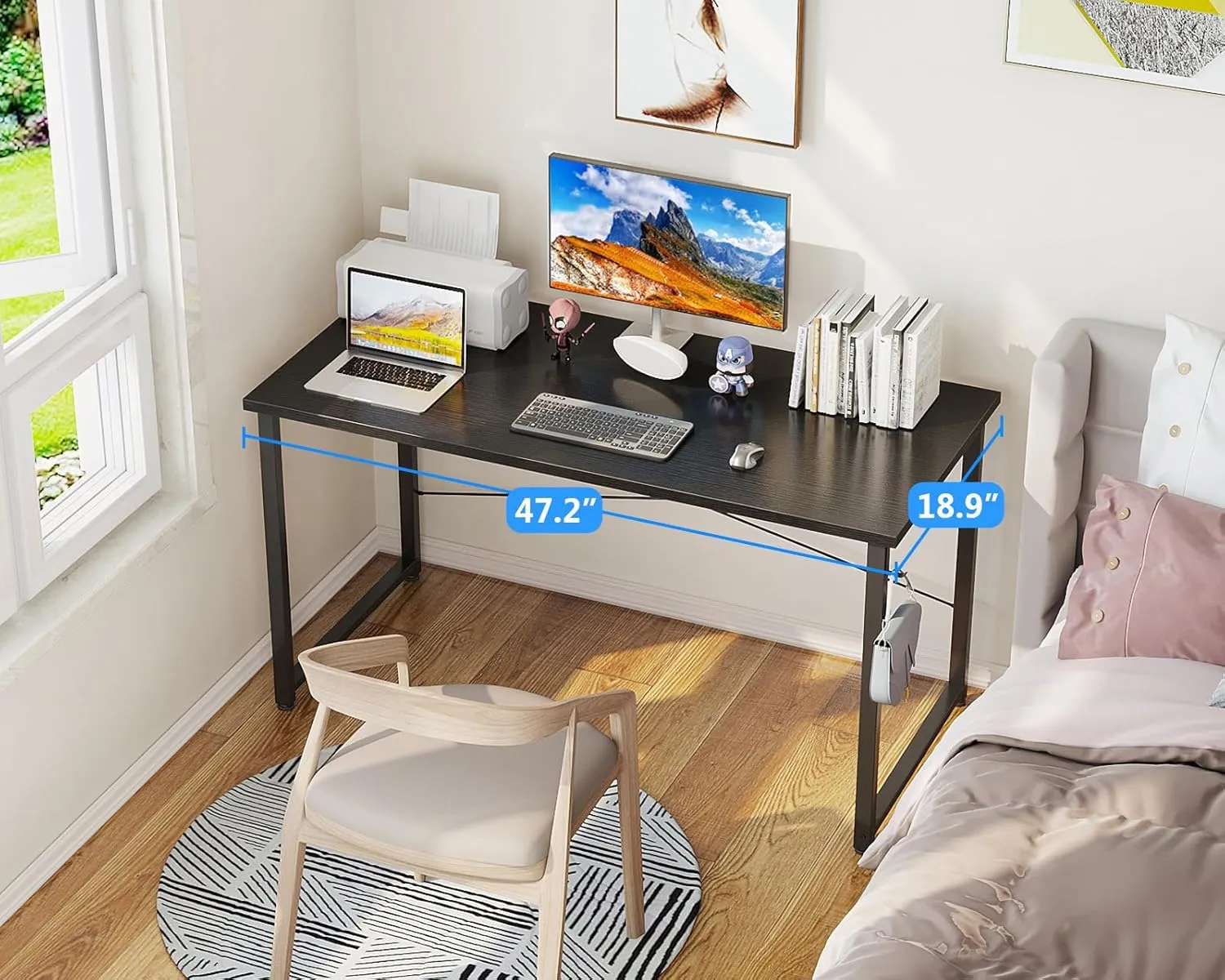 Casaottima 48 Inch Small Computer Desk for Home Office, Study Writing Table for Small Spaces, Simple Modern Desk with Headphone Hooks, Deep Black