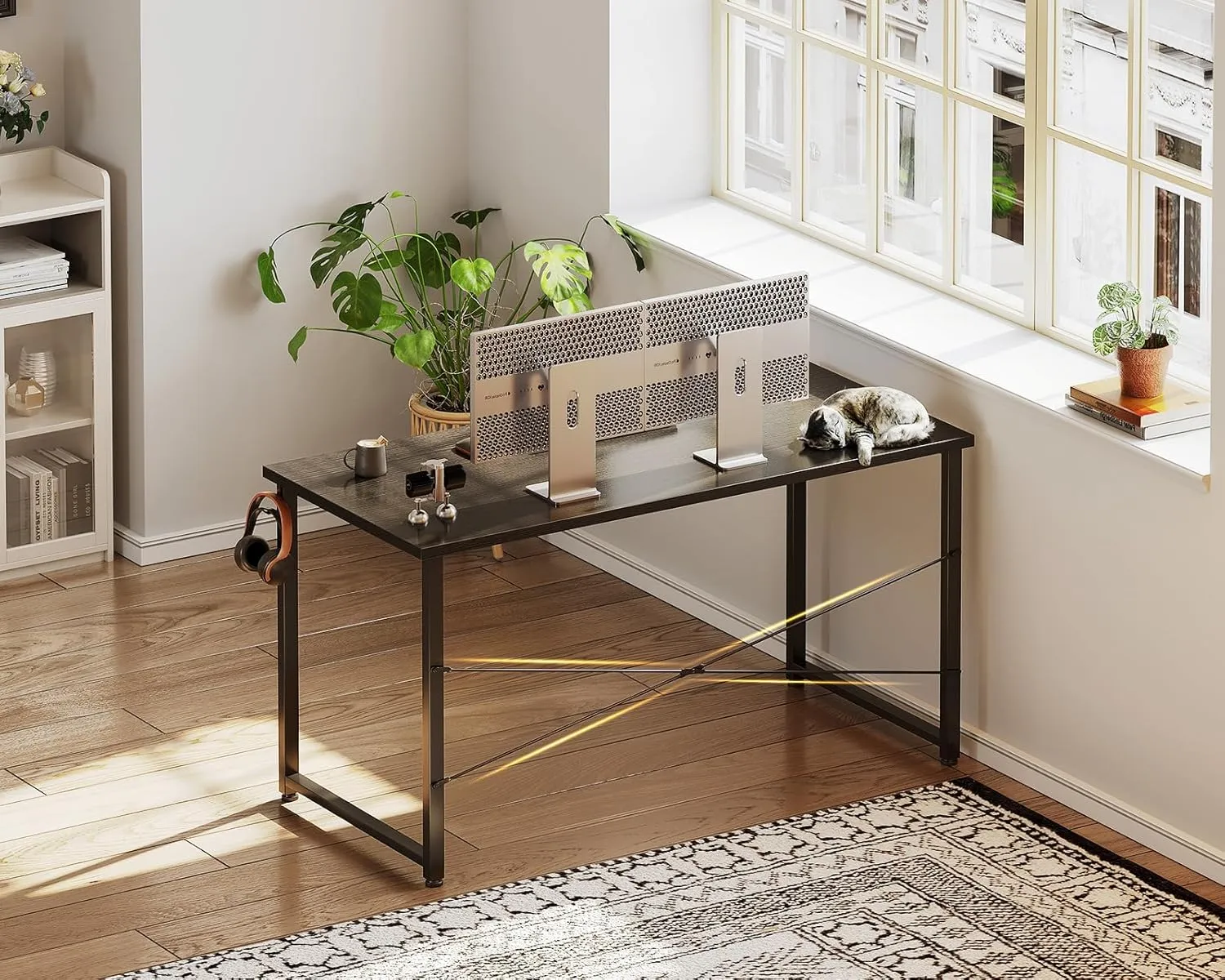 Casaottima 48 Inch Small Computer Desk for Home Office, Study Writing Table for Small Spaces, Simple Modern Desk with Headphone Hooks, Deep Black
