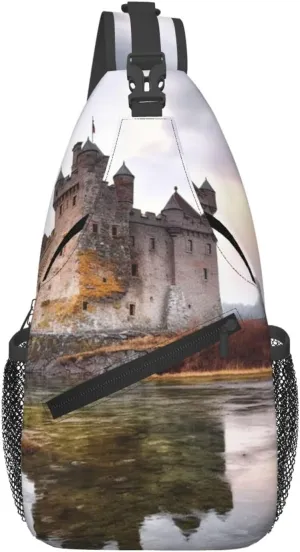 Castle Near Lake Stones Sling Bag for Men Women Crossbody Chest Bag Sling Backpack Travel Hiking Daypack Outdoor