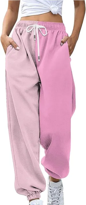 Casual Two Tone Joggers for Women Loose Drawstring Elastic High Waisted Sweatpants Ankle Cuffed Sport Activewear with Pockets