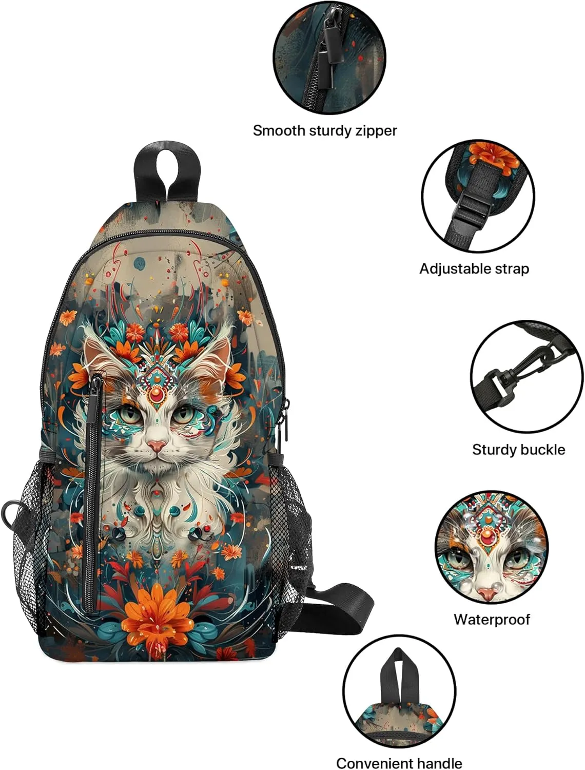 Cat Sling Bag Travel Sling Backpack Lightweight Chest Daypack with Adjustable Strap for Women Sports Running Hiking