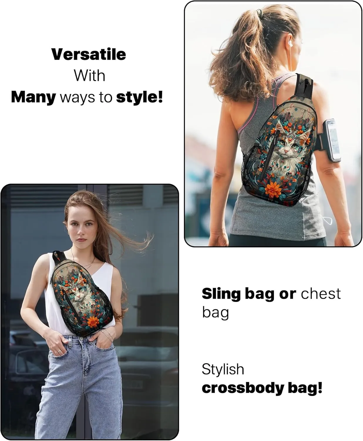 Cat Sling Bag Travel Sling Backpack Lightweight Chest Daypack with Adjustable Strap for Women Sports Running Hiking