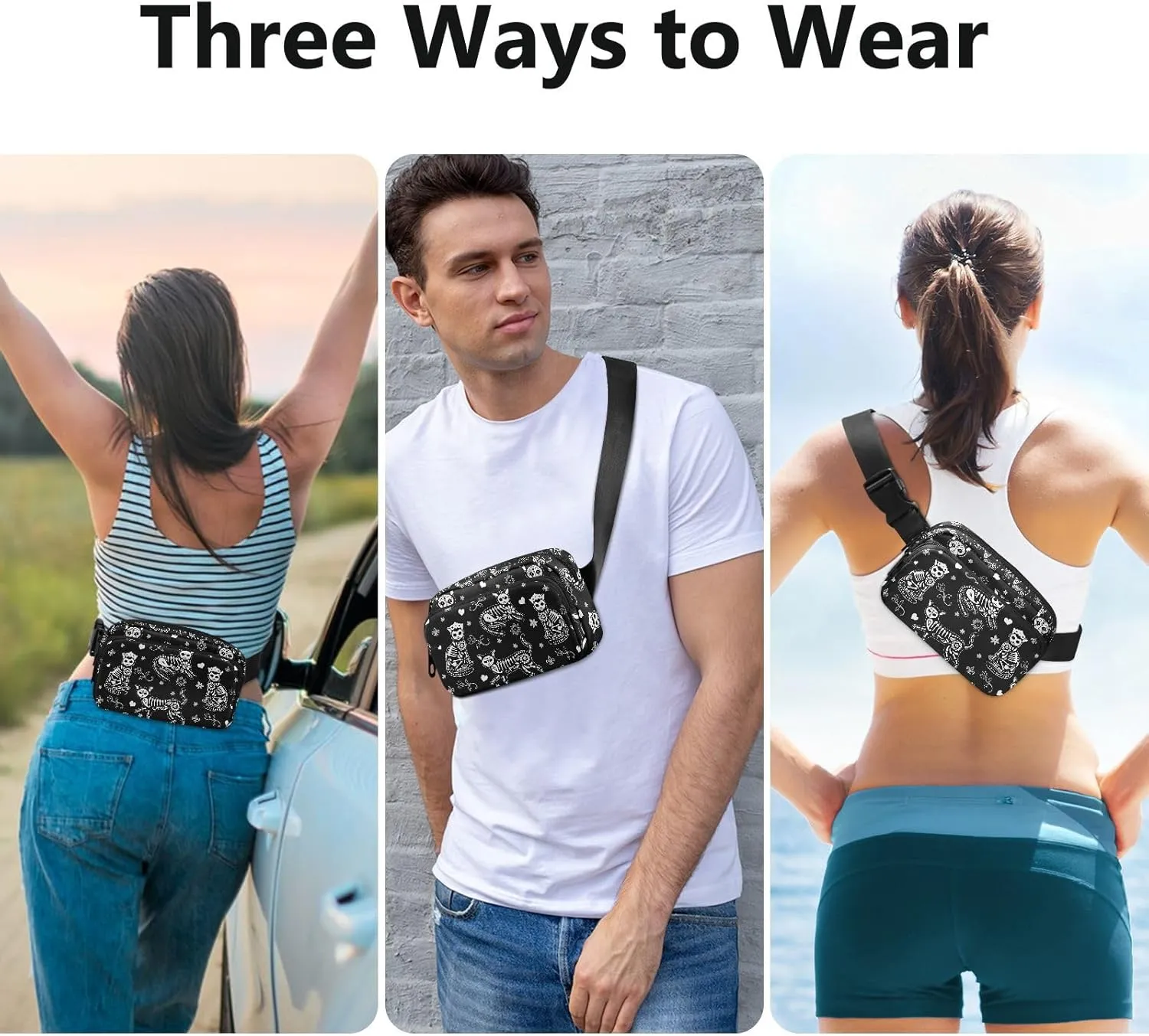 CBBYY Death Halloween Cats Gothic Fanny Pack for Women Men,Crossbody Waist Bag Pack Adjustable Casual Waist Belt Bag for Travel Running Workout Cycling