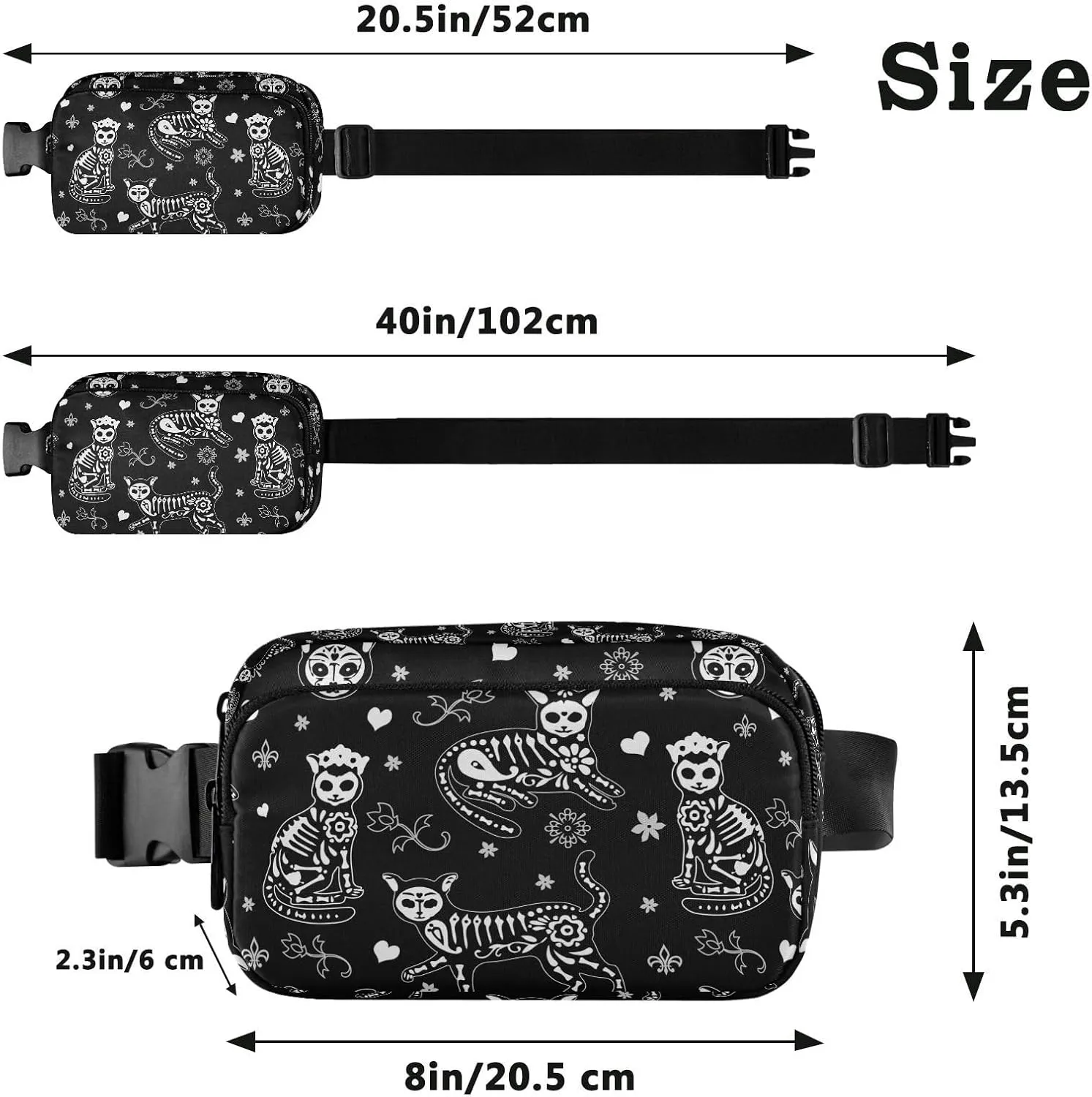 CBBYY Death Halloween Cats Gothic Fanny Pack for Women Men,Crossbody Waist Bag Pack Adjustable Casual Waist Belt Bag for Travel Running Workout Cycling