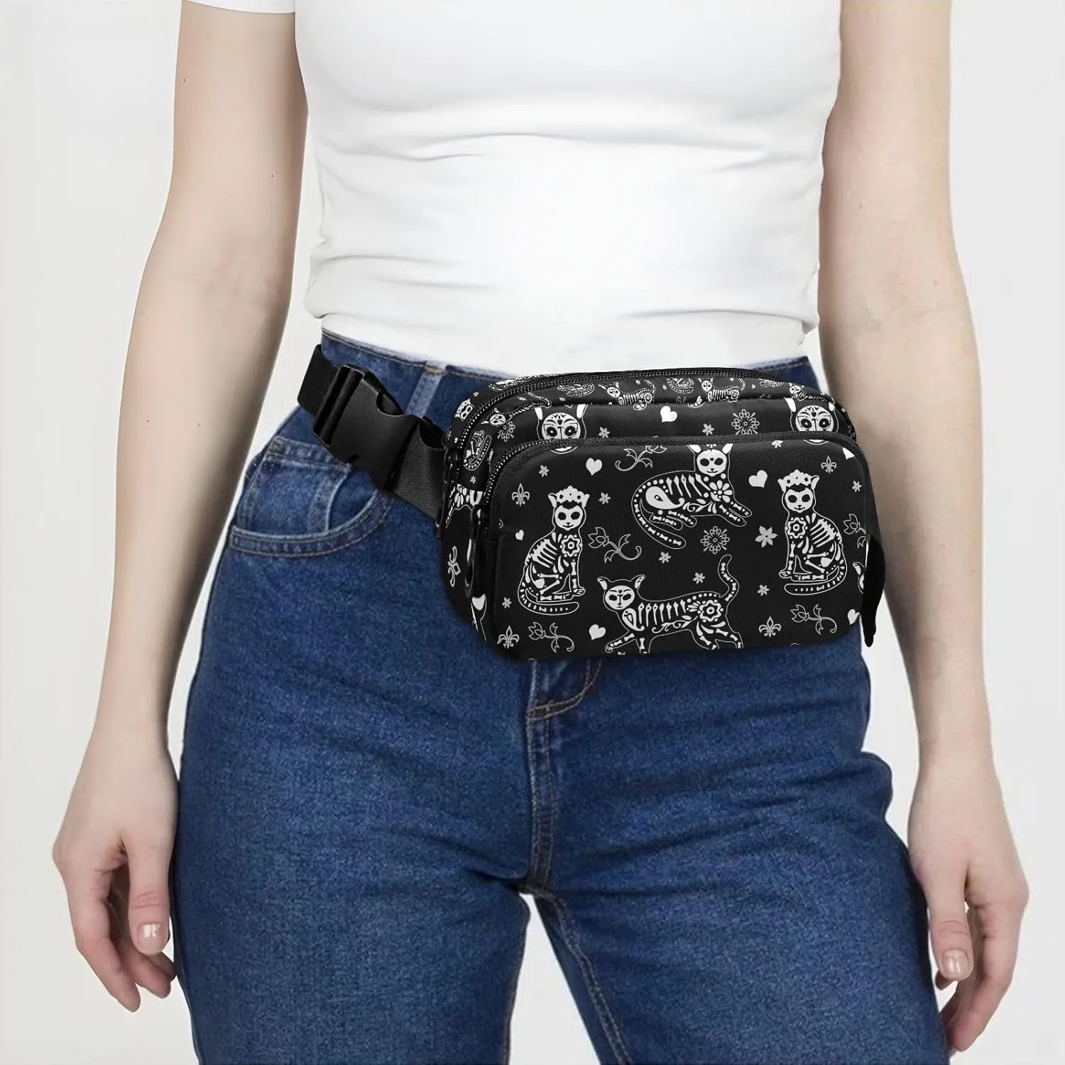 CBBYY Death Halloween Cats Gothic Fanny Pack for Women Men,Crossbody Waist Bag Pack Adjustable Casual Waist Belt Bag for Travel Running Workout Cycling