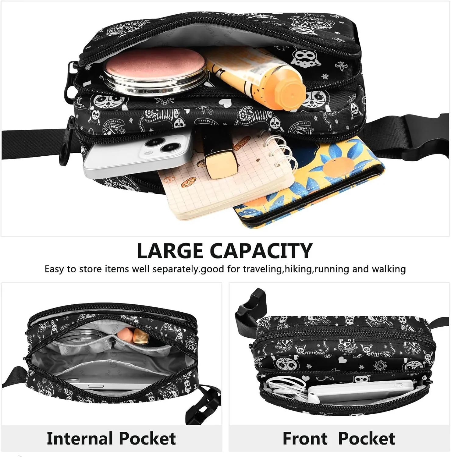 CBBYY Death Halloween Cats Gothic Fanny Pack for Women Men,Crossbody Waist Bag Pack Adjustable Casual Waist Belt Bag for Travel Running Workout Cycling