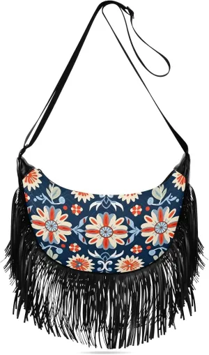 CEBUGI Women's Fringe Crossbody Tassel Purse Floral Pattern Hobo Shoulder Bags Crossbody Handbag with Adjustable Shoulder Straps