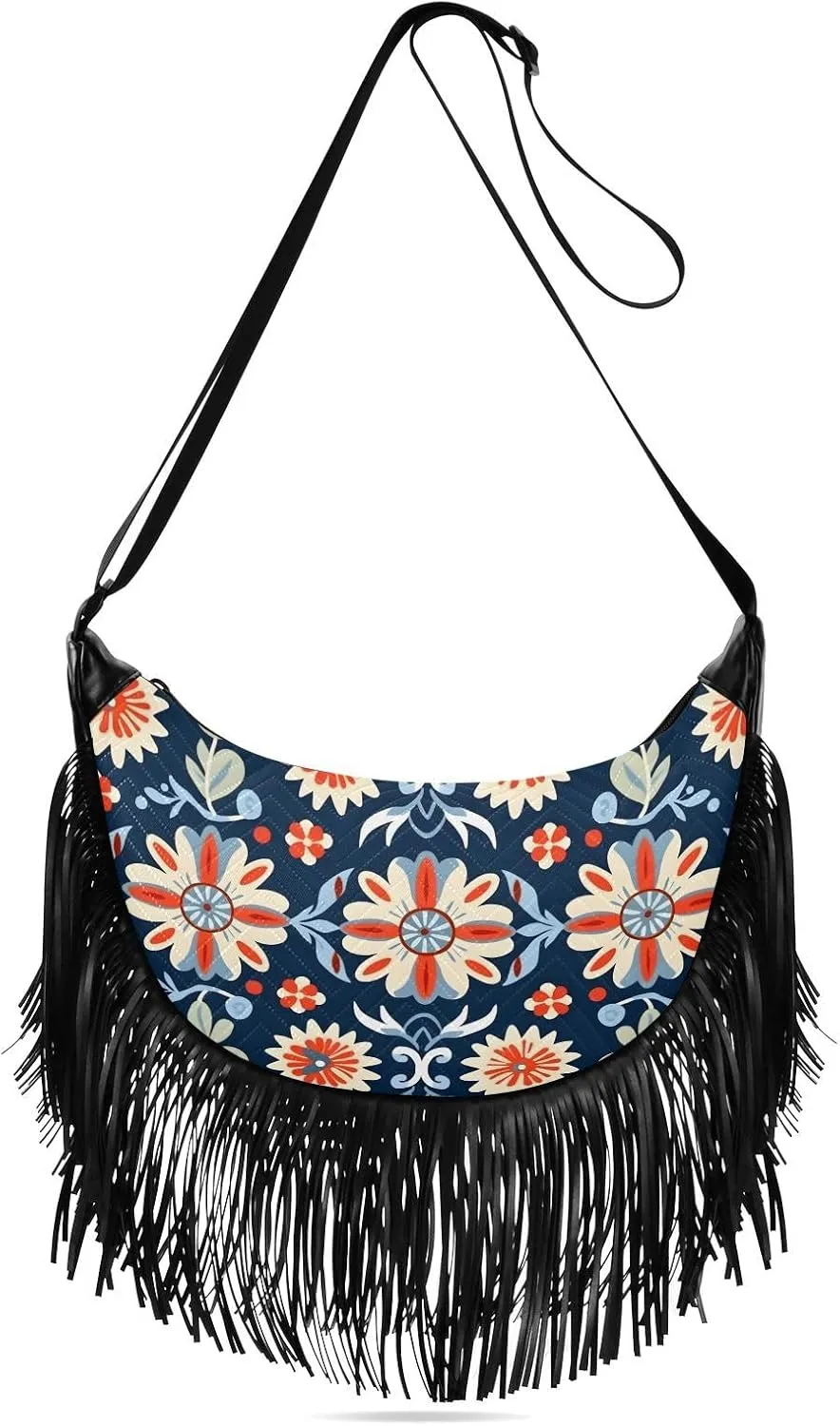 CEBUGI Women's Fringe Crossbody Tassel Purse Floral Pattern Hobo Shoulder Bags Crossbody Handbag with Adjustable Shoulder Straps