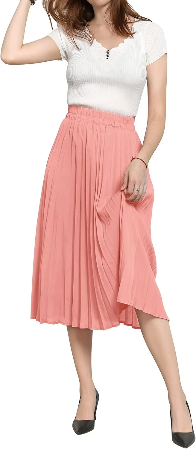 CHARTOU Womens Chic Elastic High Waisted A Line Leopard Print Pleated Shirring Midi-Long Skirt