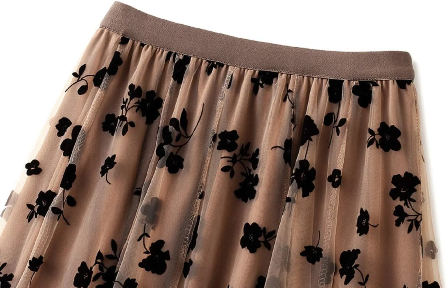 CHARTOU Women's Elastic High Waist Tulle Ruffle Pleated A-Line Swing Midi Skirt