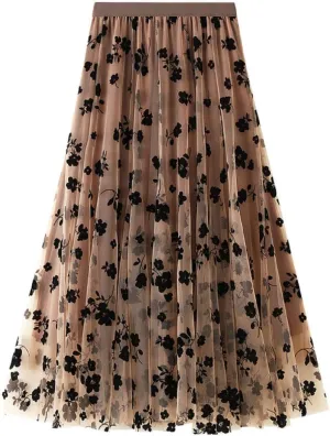 CHARTOU Women's Elastic High Waist Tulle Ruffle Pleated A-Line Swing Midi Skirt