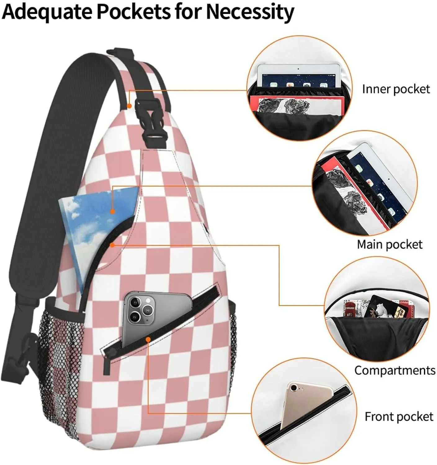Checkered Sling Bag for Women Men Classic Pink and White Chessboard Pattern Crossbody Backpack Abstract Popular Grid Pattern Print Sling Backpack Casual Shoulder Bag Travel Hiking Daypack