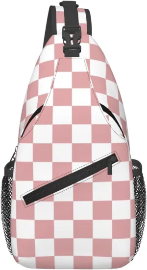 Checkered Sling Bag for Women Men Classic Pink and White Chessboard Pattern Crossbody Backpack Abstract Popular Grid Pattern Print Sling Backpack Casual Shoulder Bag Travel Hiking Daypack
