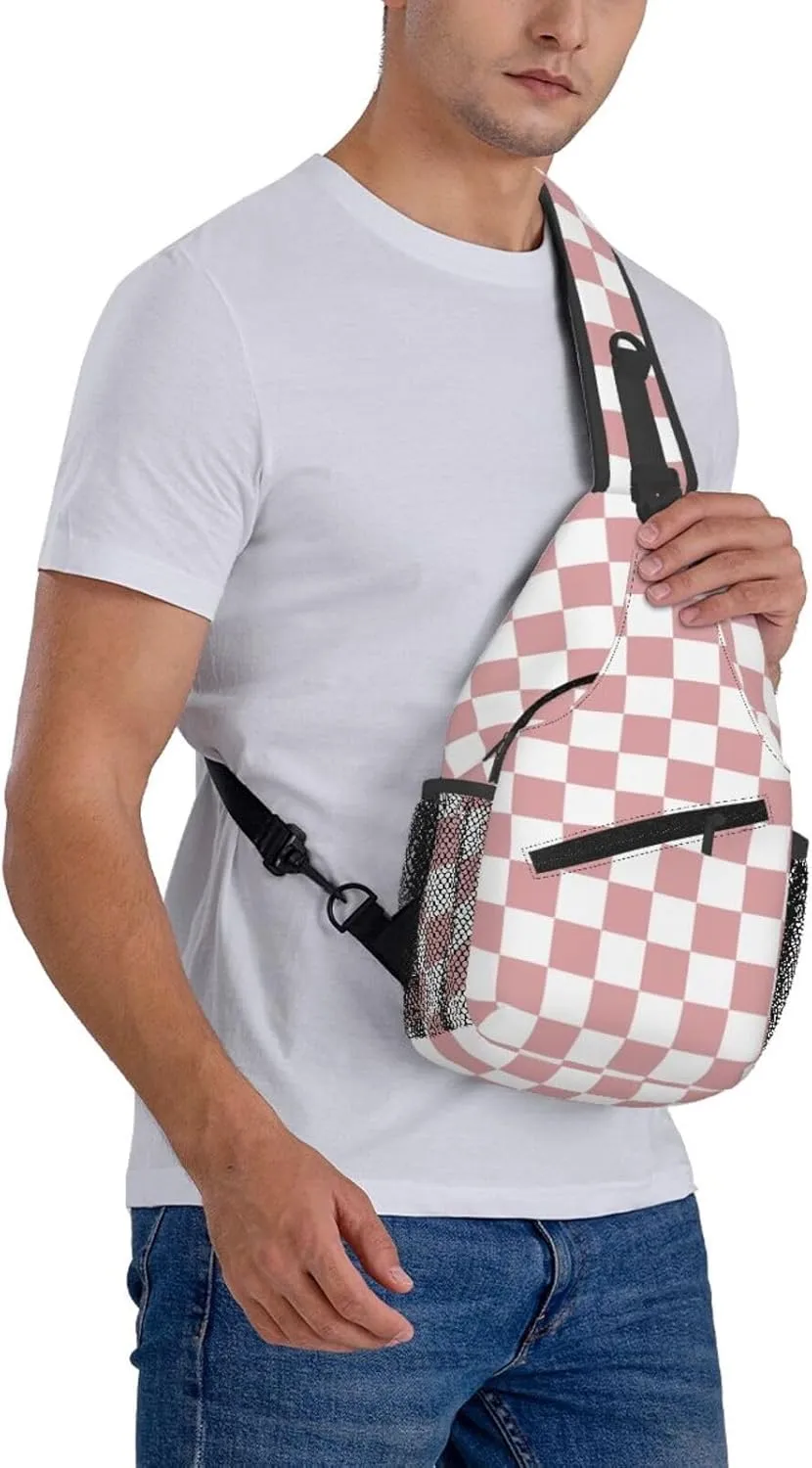 Checkered Sling Bag for Women Men Classic Pink and White Chessboard Pattern Crossbody Backpack Abstract Popular Grid Pattern Print Sling Backpack Casual Shoulder Bag Travel Hiking Daypack