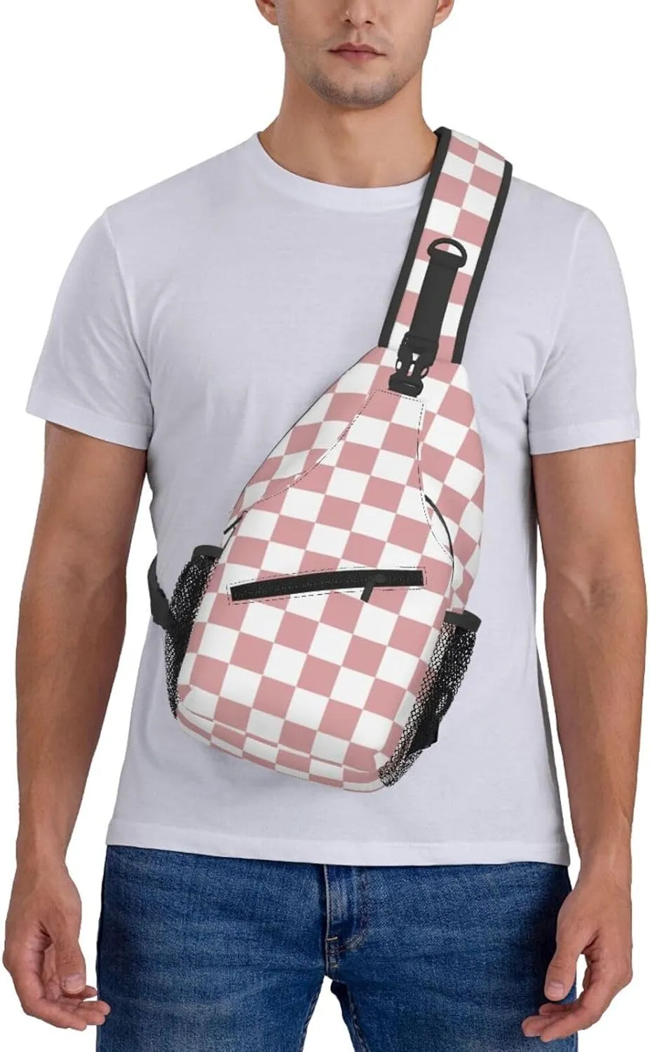 Checkered Sling Bag for Women Men Classic Pink and White Chessboard Pattern Crossbody Backpack Abstract Popular Grid Pattern Print Sling Backpack Casual Shoulder Bag Travel Hiking Daypack