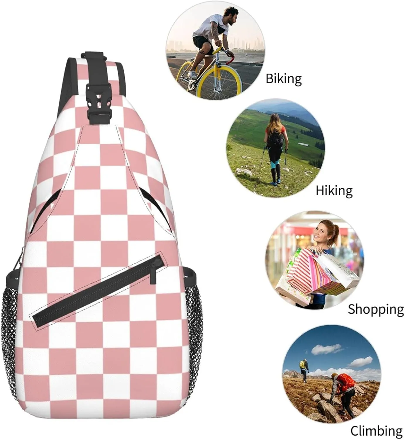 Checkered Sling Bag for Women Men Classic Pink and White Chessboard Pattern Crossbody Backpack Abstract Popular Grid Pattern Print Sling Backpack Casual Shoulder Bag Travel Hiking Daypack