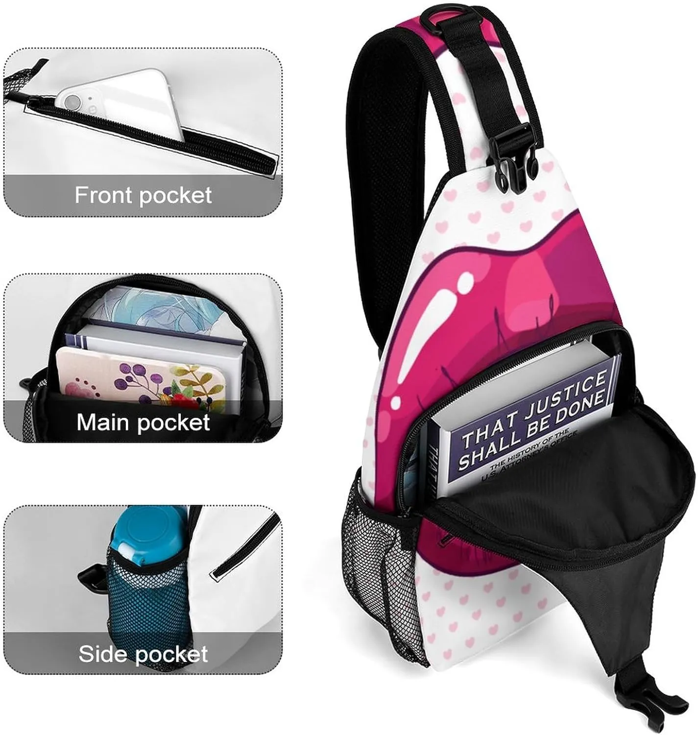 Cherry Pink Lips Crossbody Sling Backpack Sexy Mouth Cute Sling Bag Adjustable Travel Hiking Chest Bags Daypack