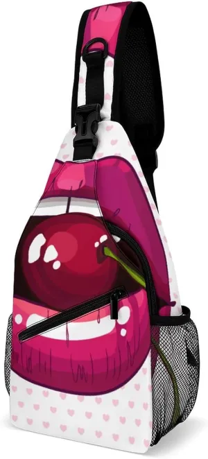 Cherry Pink Lips Crossbody Sling Backpack Sexy Mouth Cute Sling Bag Adjustable Travel Hiking Chest Bags Daypack