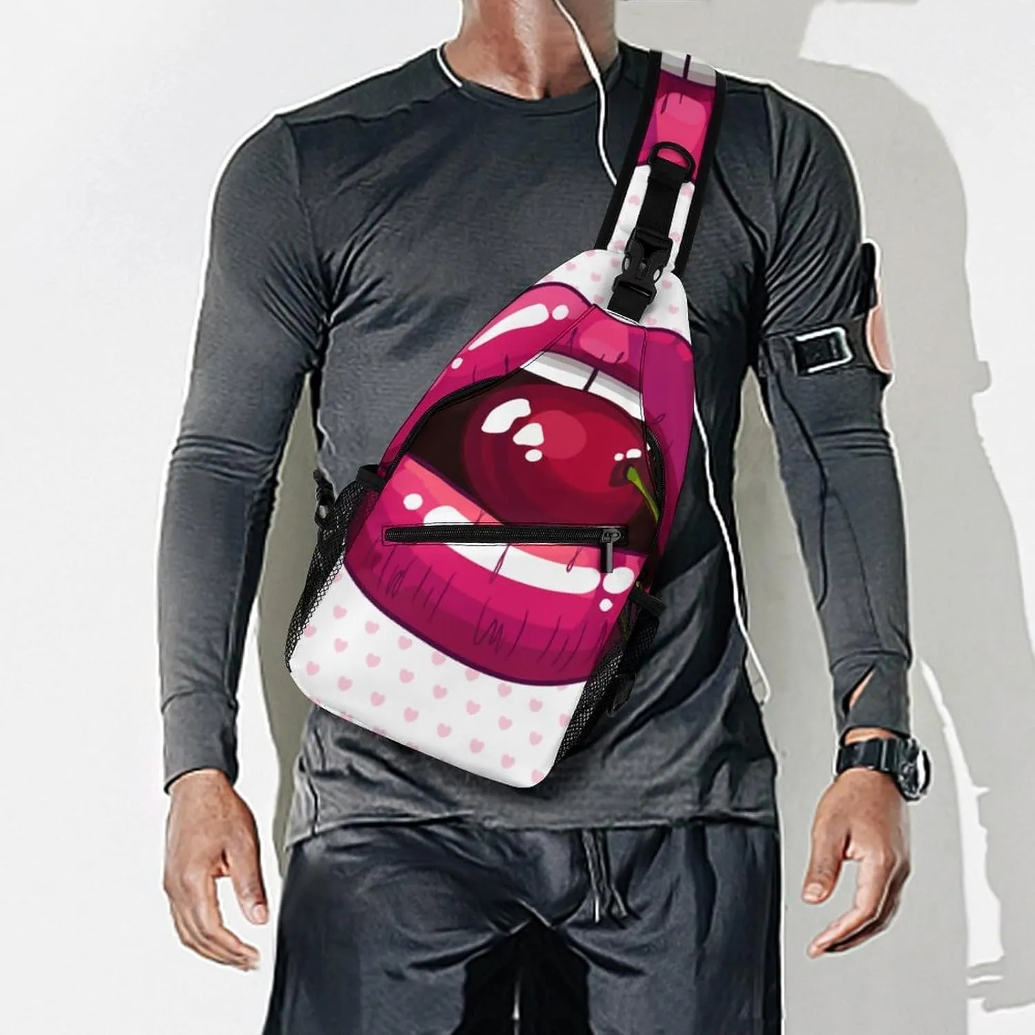 Cherry Pink Lips Crossbody Sling Backpack Sexy Mouth Cute Sling Bag Adjustable Travel Hiking Chest Bags Daypack