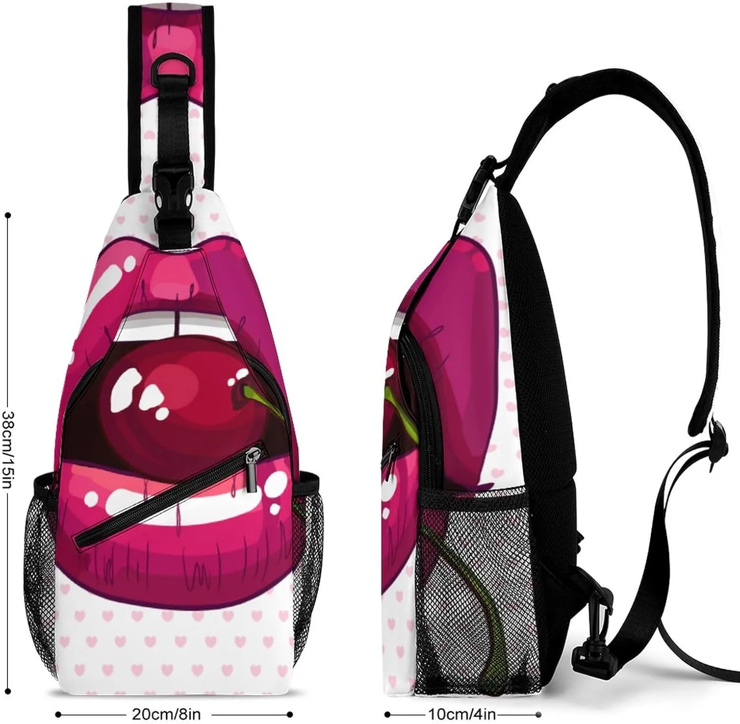 Cherry Pink Lips Crossbody Sling Backpack Sexy Mouth Cute Sling Bag Adjustable Travel Hiking Chest Bags Daypack