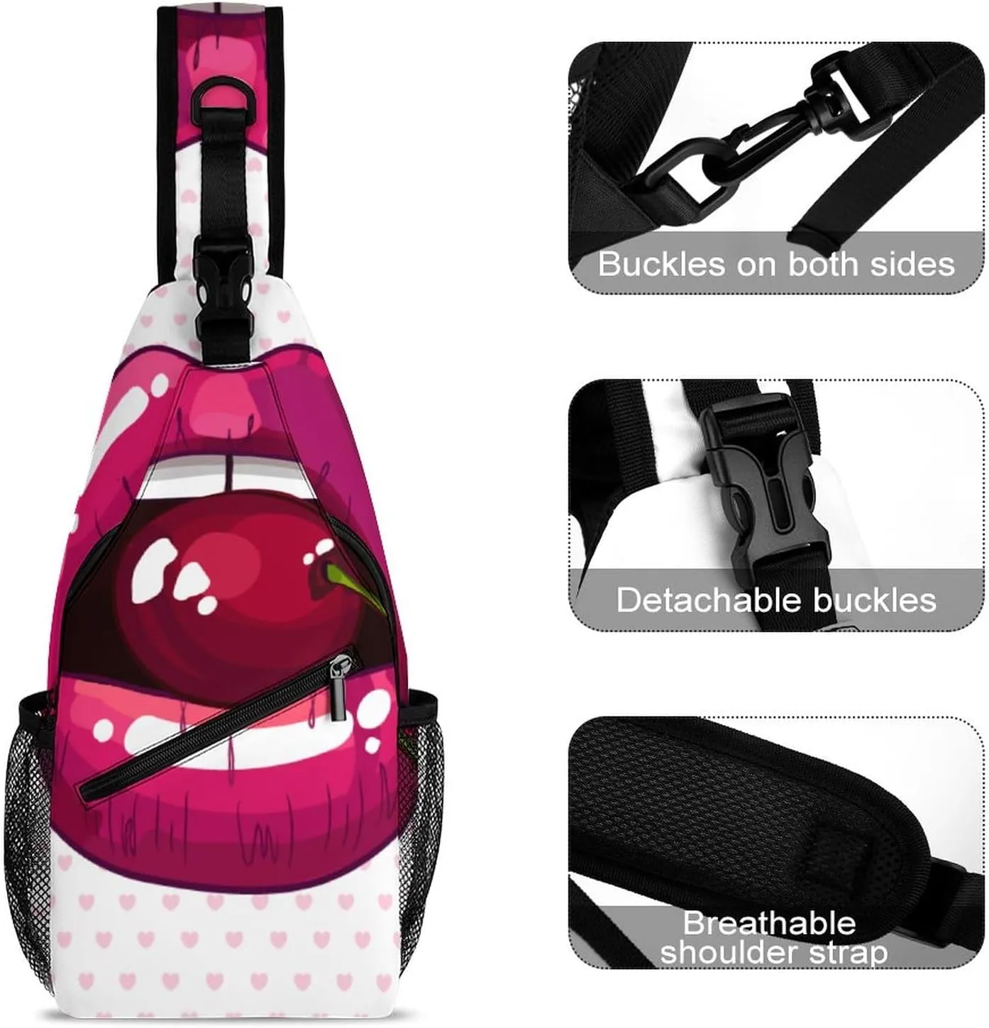Cherry Pink Lips Crossbody Sling Backpack Sexy Mouth Cute Sling Bag Adjustable Travel Hiking Chest Bags Daypack
