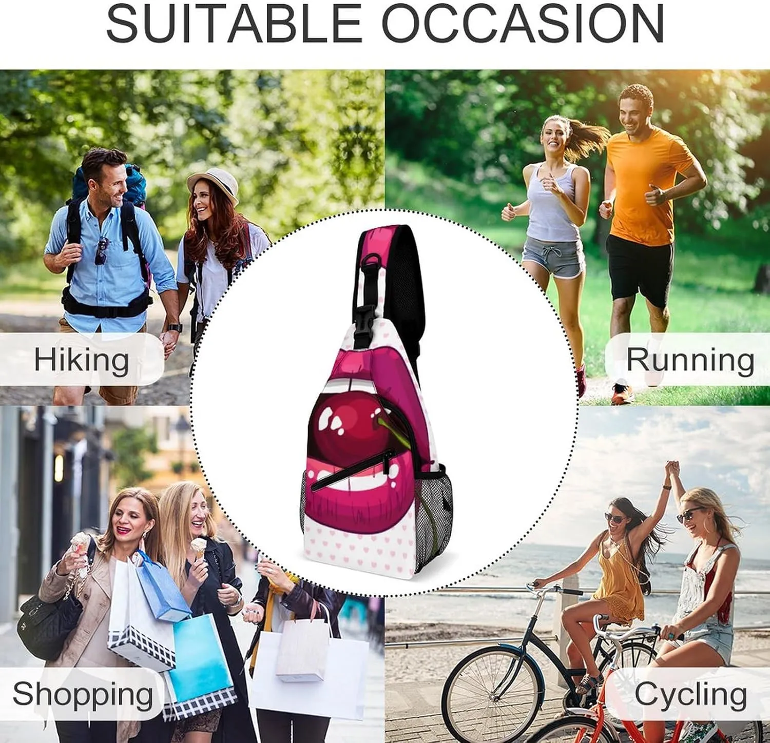 Cherry Pink Lips Crossbody Sling Backpack Sexy Mouth Cute Sling Bag Adjustable Travel Hiking Chest Bags Daypack