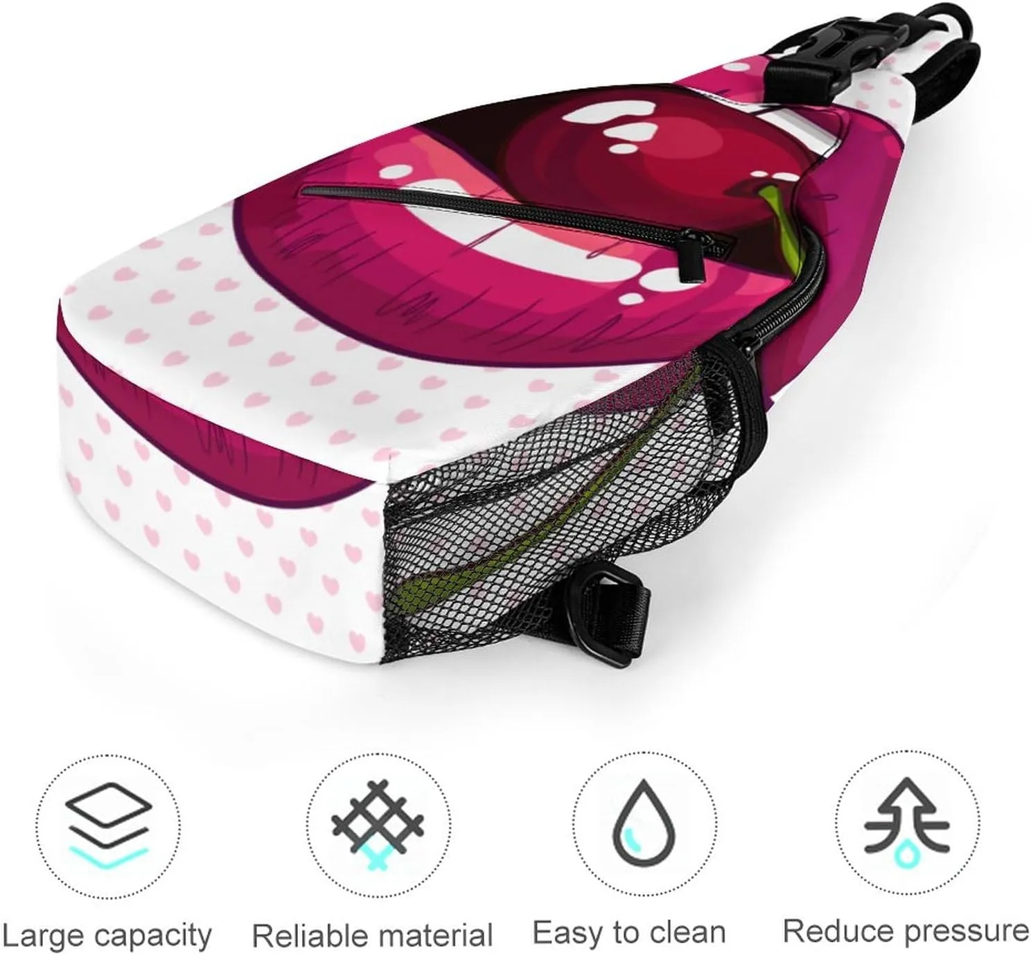 Cherry Pink Lips Crossbody Sling Backpack Sexy Mouth Cute Sling Bag Adjustable Travel Hiking Chest Bags Daypack