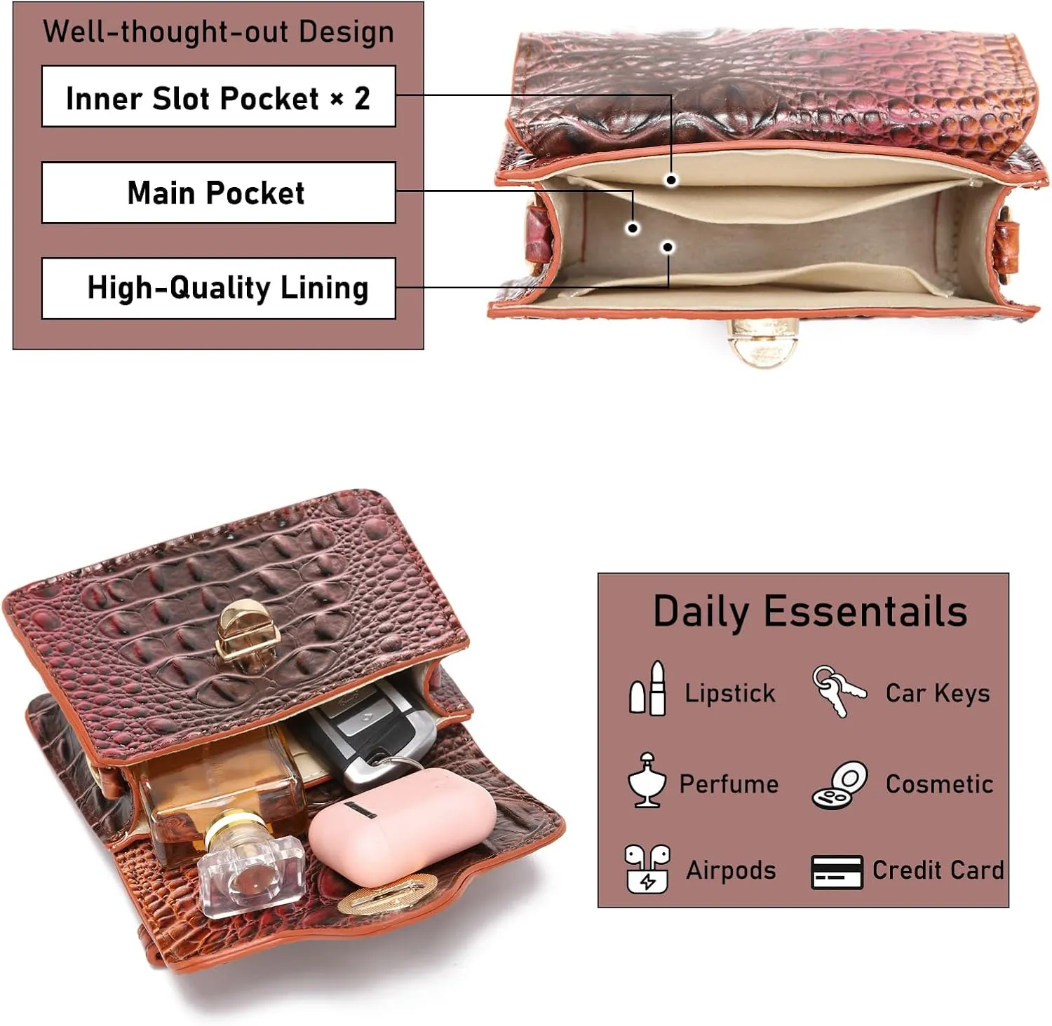 Chic Women Crocodile Leather bags Mini Top-Handle Clutch Compact Evening Bag Stylish Accessory for Essentials