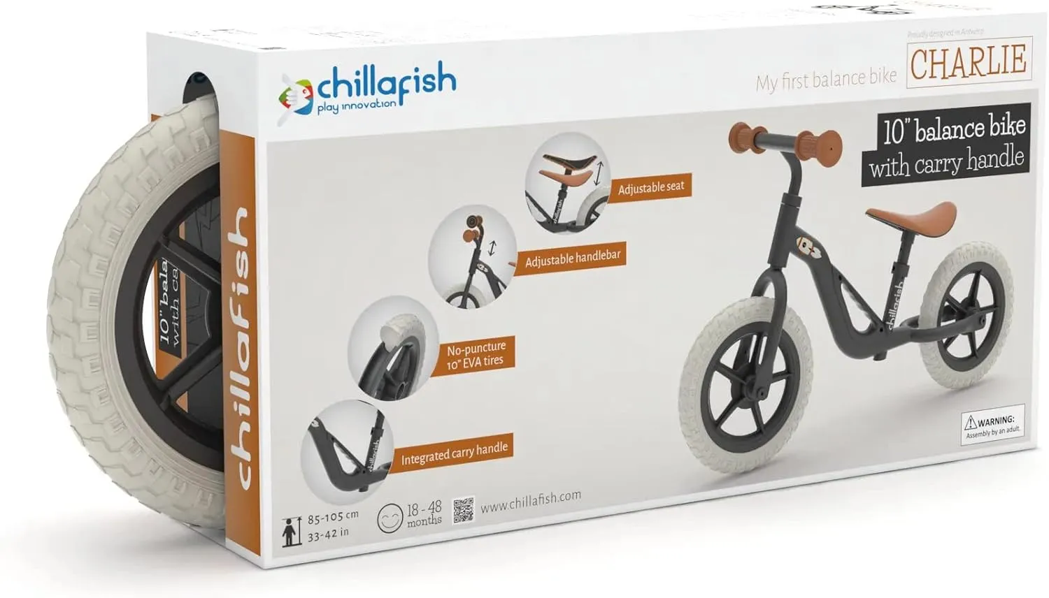 Chillafish Charlie Toddler Balance Bike, Lightweight 10-Inch Bike for Boys & Girls 2 to 4 Years Old, Adjustable Seat, Carry Handle & No-Puncture Tires