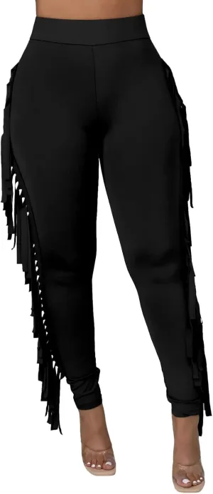 Choichic Women's Casual High Waist Fringed Pants With Elastic Waist - Bodycon Tassels Side Long Jogger Sweatpant
