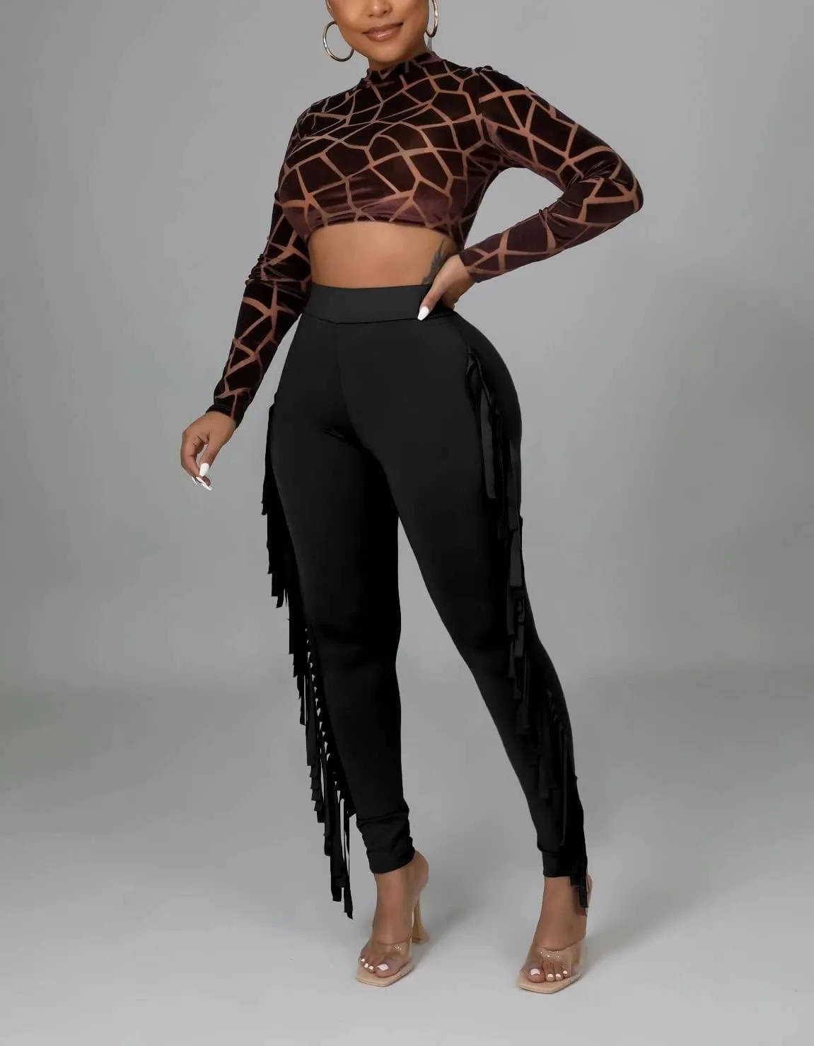 Choichic Women's Casual High Waist Fringed Pants With Elastic Waist - Bodycon Tassels Side Long Jogger Sweatpant