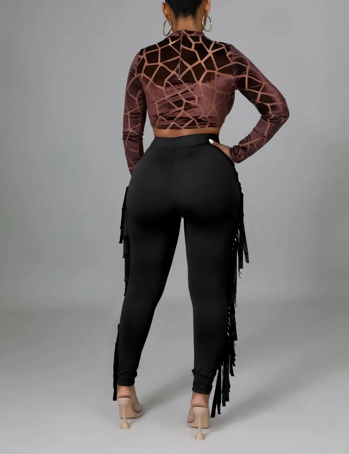 Choichic Women's Casual High Waist Fringed Pants With Elastic Waist - Bodycon Tassels Side Long Jogger Sweatpant