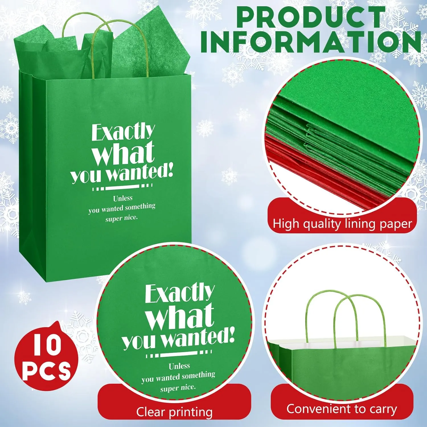 Cholemy 10 Pcs 13" Large Christmas Funny Bags Holiday Gift Bags Bulk with Tissue Paper Reusable Paper Bags Funny Gift Wrap Xmas Bags for Holiday Present Wrapping (Red, Green,Classic)