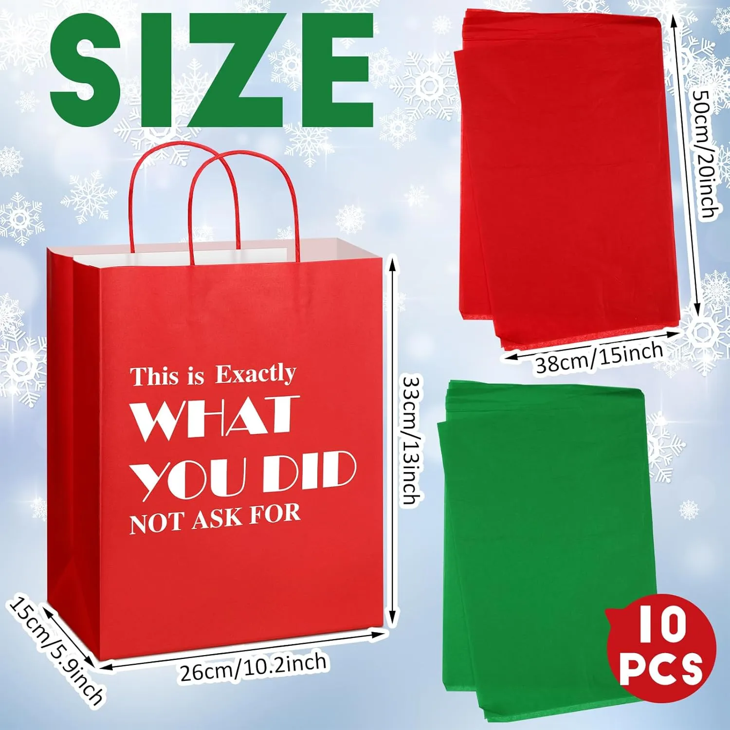 Cholemy 10 Pcs 13" Large Christmas Funny Bags Holiday Gift Bags Bulk with Tissue Paper Reusable Paper Bags Funny Gift Wrap Xmas Bags for Holiday Present Wrapping (Red, Green,Classic)