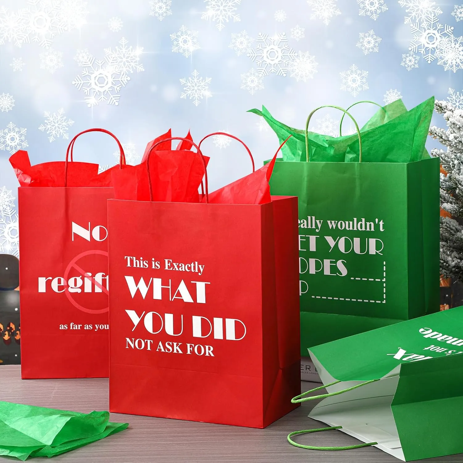 Cholemy 10 Pcs 13" Large Christmas Funny Bags Holiday Gift Bags Bulk with Tissue Paper Reusable Paper Bags Funny Gift Wrap Xmas Bags for Holiday Present Wrapping (Red, Green,Classic)