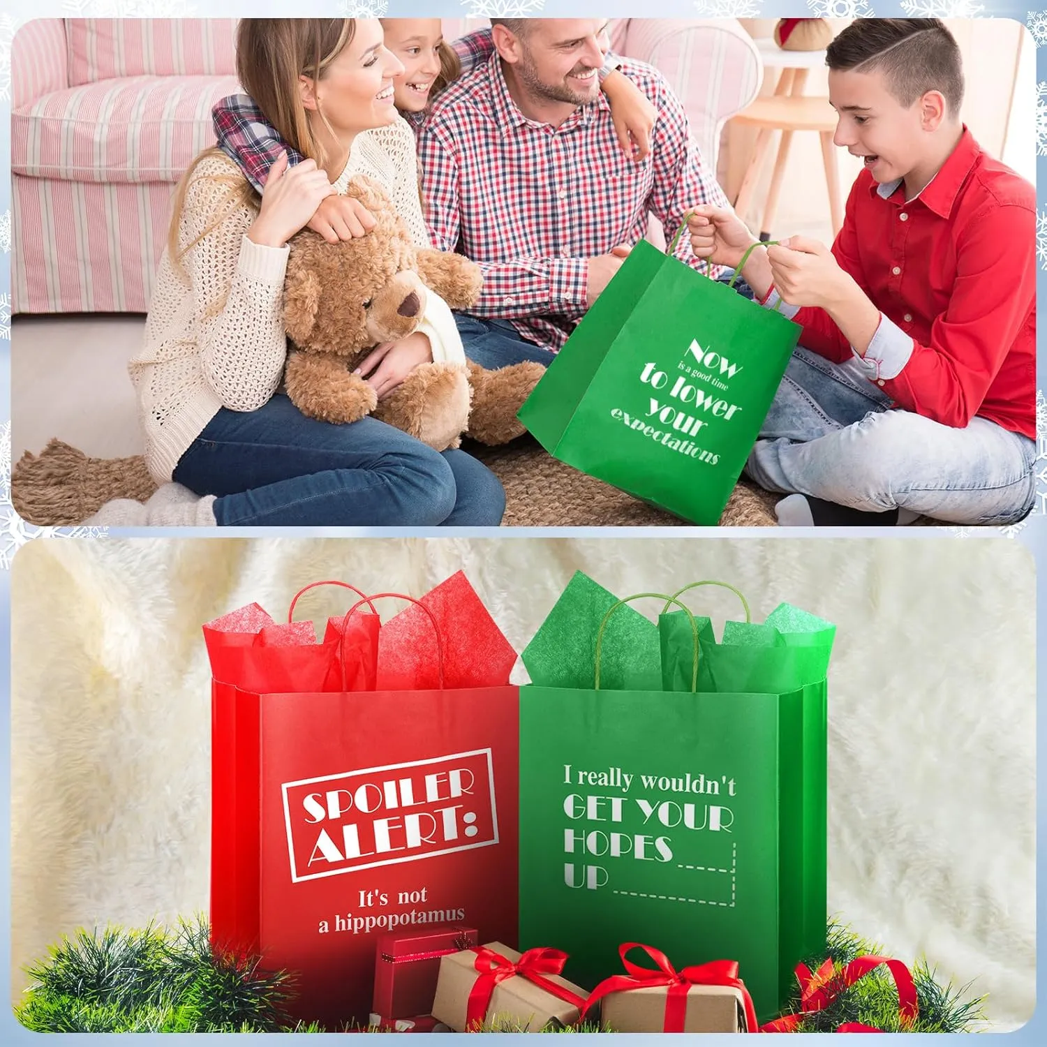 Cholemy 10 Pcs 13" Large Christmas Funny Bags Holiday Gift Bags Bulk with Tissue Paper Reusable Paper Bags Funny Gift Wrap Xmas Bags for Holiday Present Wrapping (Red, Green,Classic)
