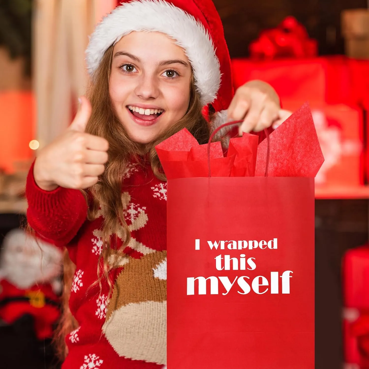Cholemy 10 Pcs 13" Large Christmas Funny Bags Holiday Gift Bags Bulk with Tissue Paper Reusable Paper Bags Funny Gift Wrap Xmas Bags for Holiday Present Wrapping (Red, Green,Classic)