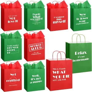 Cholemy 10 Pcs 13" Large Christmas Funny Bags Holiday Gift Bags Bulk with Tissue Paper Reusable Paper Bags Funny Gift Wrap Xmas Bags for Holiday Present Wrapping (Red, Green,Classic)