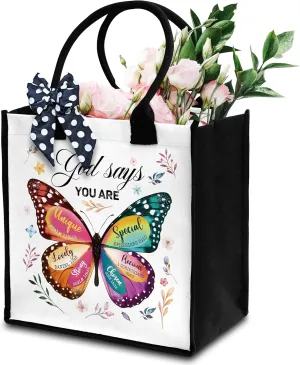 Christian Tote Bag For Women, God Says You Are Totes, Bible Verse Canvas Tote Bag For Traveling Shopping, Butterfly Shoulder Bag With Ribbon, Religious Gifts For Women Friend Coworker -17