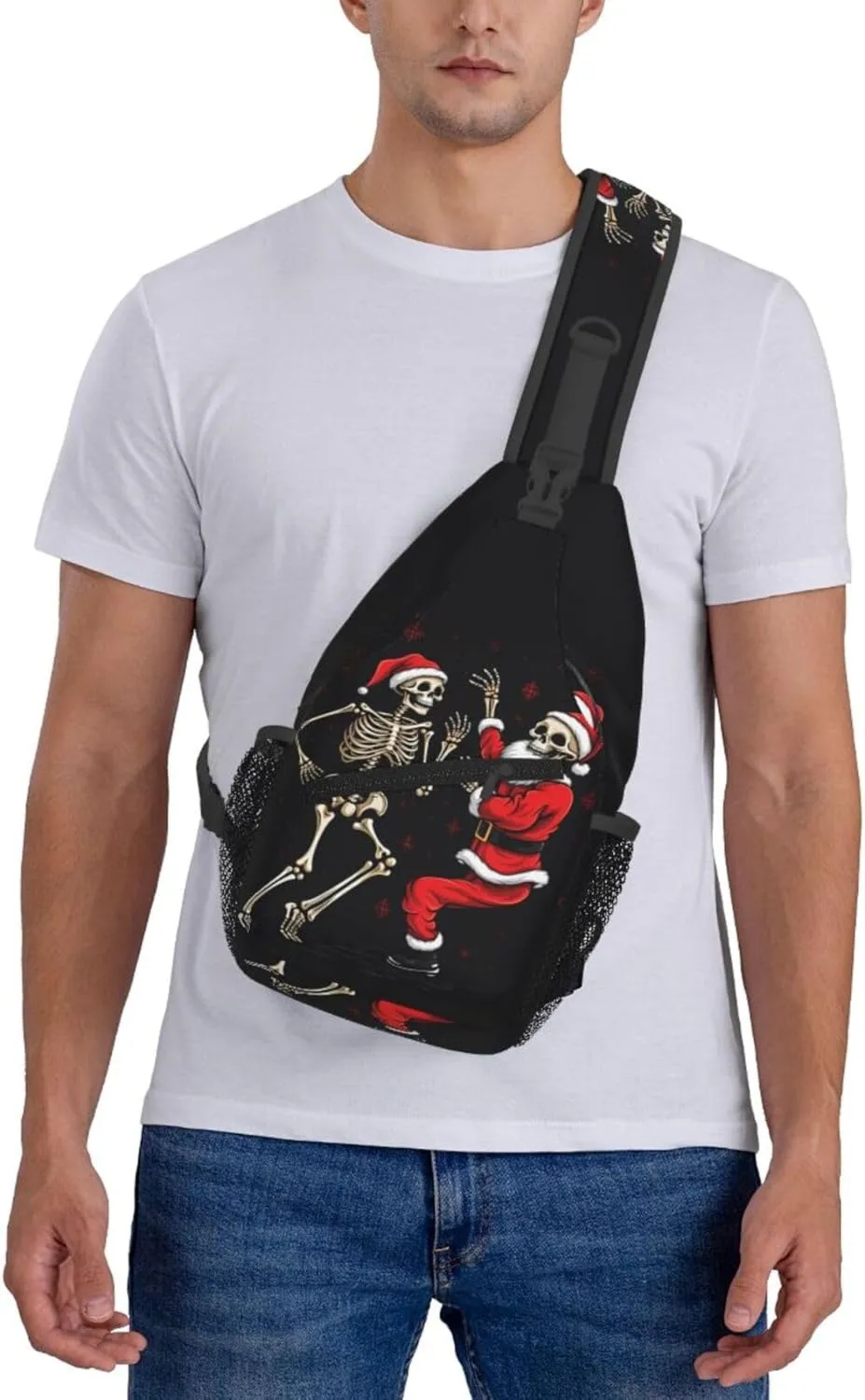 Christmas Father Skull Skeleton Sling Bag for Women Men, Dance Adjustable Rope Crossbody Single Shoulder Bag for Travel Hiking Cycling Gift